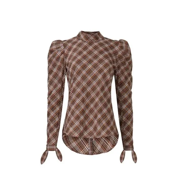 NWOT Veronica Beard Isabel Plaid Button Back Tie Cuff Blouse in Brown Size 2 - Picture 6 of 14